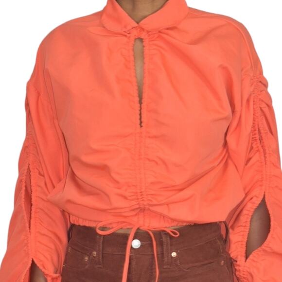 Love Highlight Bubble Sleeve Top Orange Blouse Ruched Cropped Slouchy Size Small - Picture 4 of 15